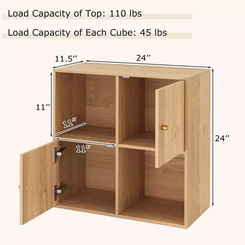 4-Cube Bookcase with Dual Anti-Tipping Kits & 2 Cabinets Storage Organizer White/Natural