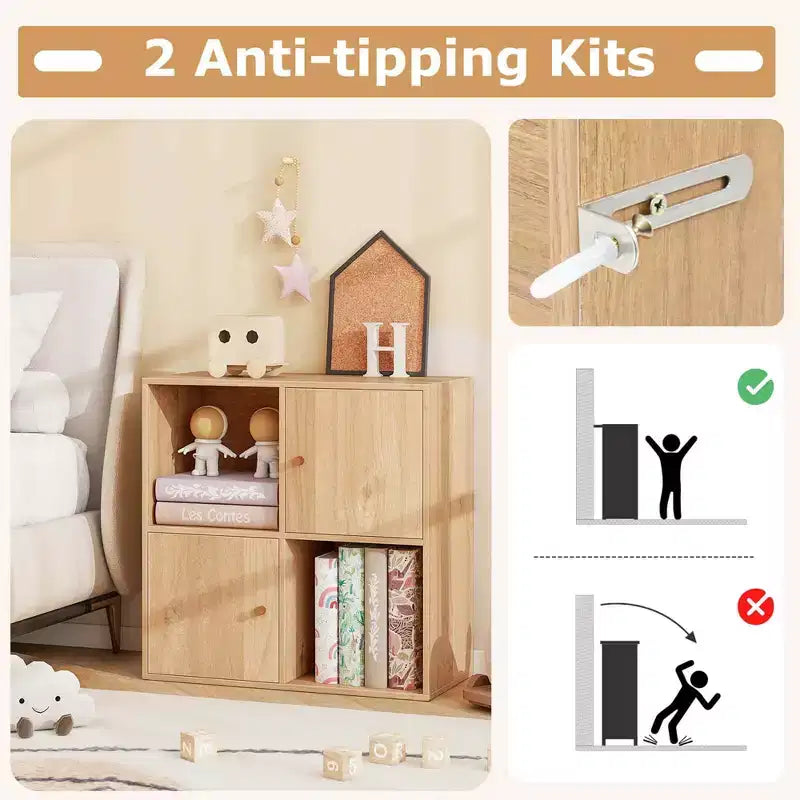 4-Cube Bookcase with Dual Anti-Tipping Kits & 2 Cabinets Storage Organizer White/Natural