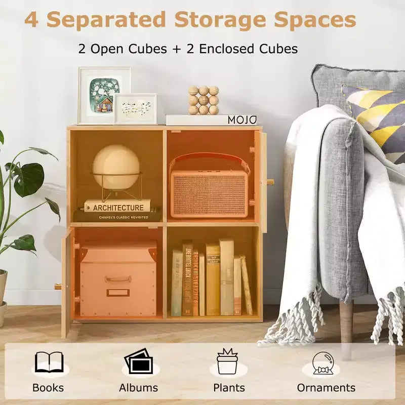 4-Cube Bookcase with Dual Anti-Tipping Kits & 2 Cabinets Storage Organizer White/Natural