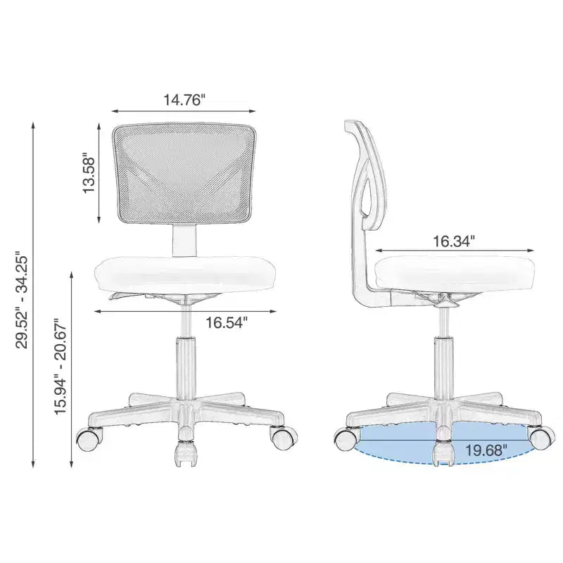 Office Chair Home Office Desk Armless Mesh Computer Chair Small Space Swivel Adjustable Low Back Task Chair for Teens Adults Blue