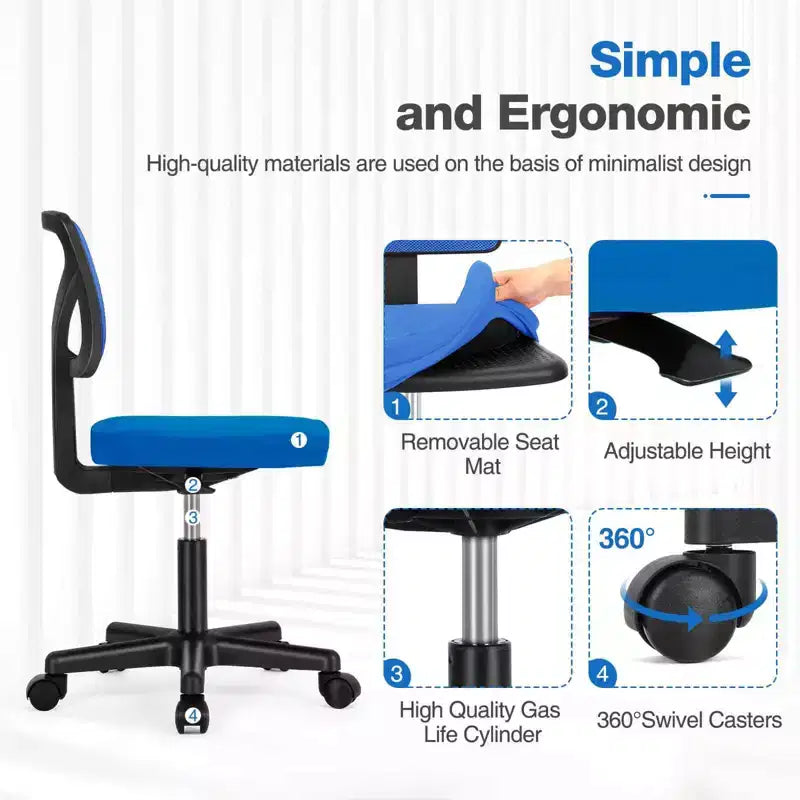 Office Chair Home Office Desk Armless Mesh Computer Chair Small Space Swivel Adjustable Low Back Task Chair for Teens Adults Blue