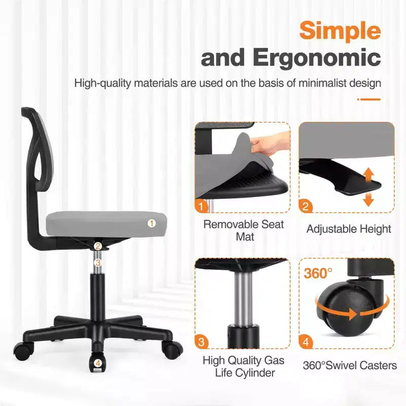 Office Chair Home Office Desk Armless Mesh Computer Chair Small Space Swivel Adjustable Low Back Task Chair for Teens Adults Blue