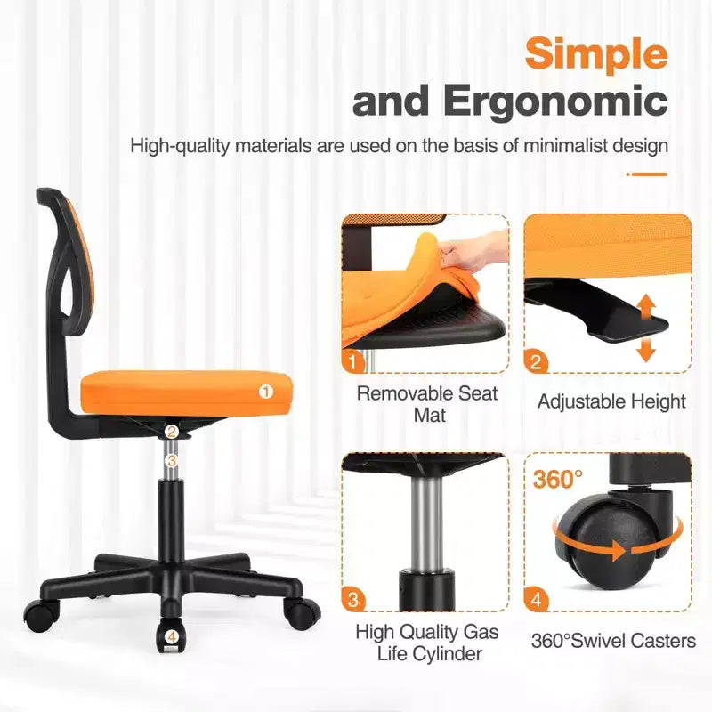 Office Chair Home Office Desk Armless Mesh Computer Chair Small Space Swivel Adjustable Low Back Task Chair for Teens Adults Blue