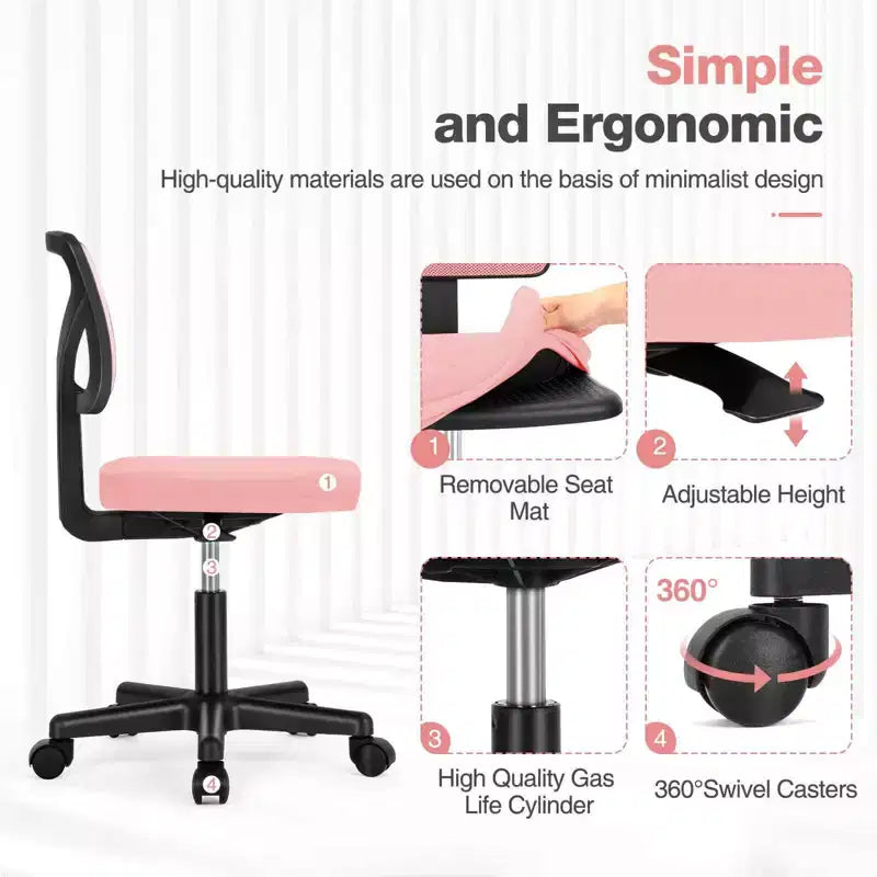 Office Chair Home Office Desk Armless Mesh Computer Chair Small Space Swivel Adjustable Low Back Task Chair for Teens Adults Blue