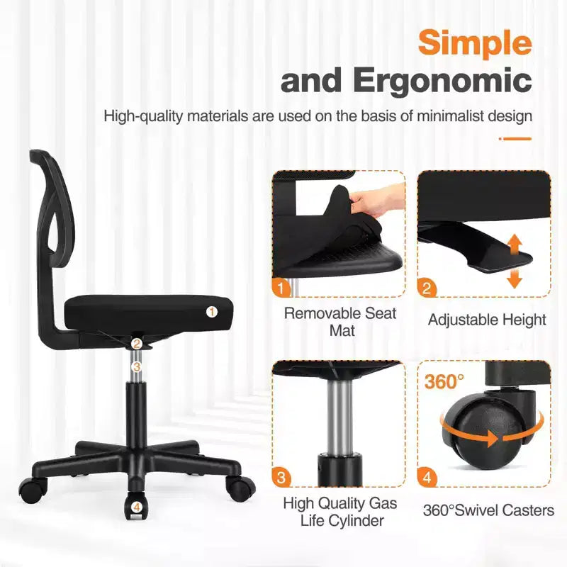 Office Chair Home Office Desk Armless Mesh Computer Chair Small Space Swivel Adjustable Low Back Task Chair for Teens Adults Blue