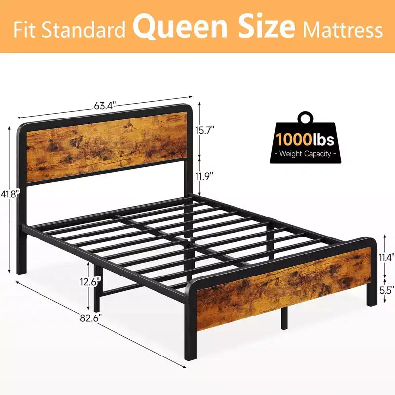 Queen-Size Bed Frame with Wooden Headboard and Footboard, Rustic Platform Bed with Metal Slats
