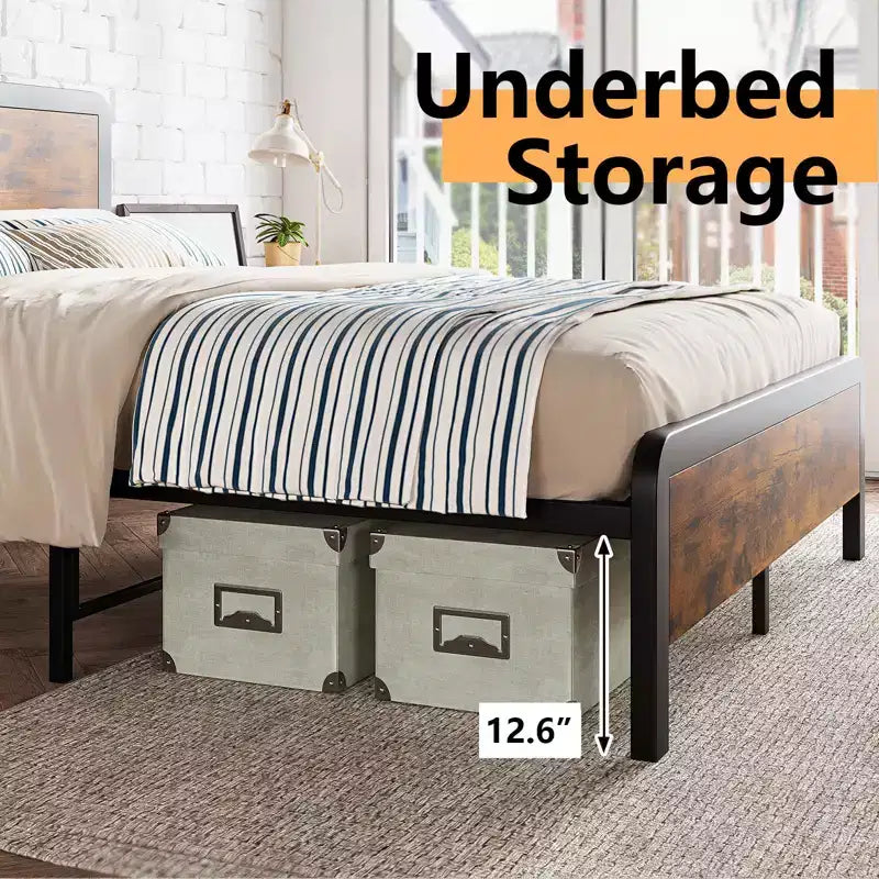 Queen-Size Bed Frame with Wooden Headboard and Footboard, Rustic Platform Bed with Metal Slats