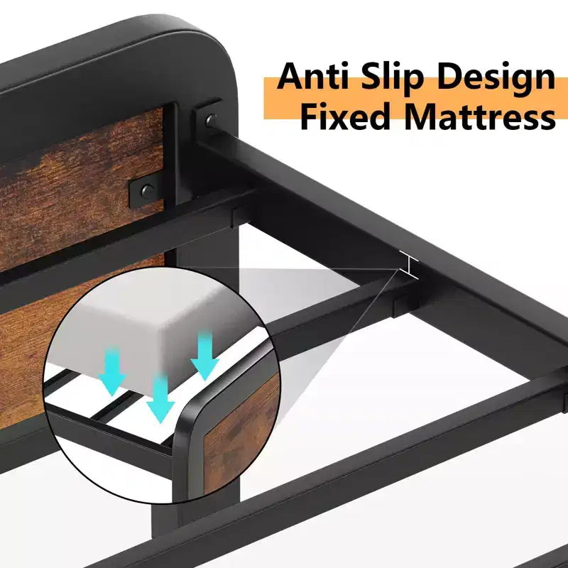 Queen-Size Bed Frame with Wooden Headboard and Footboard, Rustic Platform Bed with Metal Slats