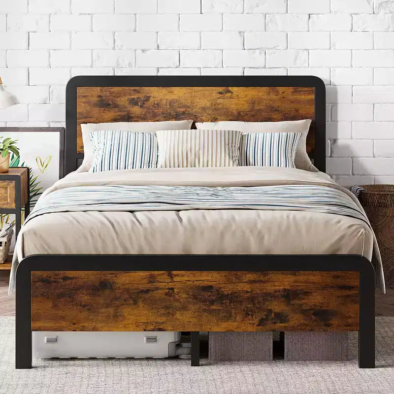 Queen-Size Bed Frame with Wooden Headboard and Footboard, Rustic Platform Bed with Metal Slats