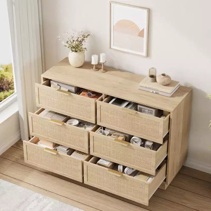 Rattan 6 Drawer Dresser, 47in Wide Natural Oak 6 Chest of Drawers with Metal Handles and Wooden Sturdy Base for Bedroom Living Room Nursery