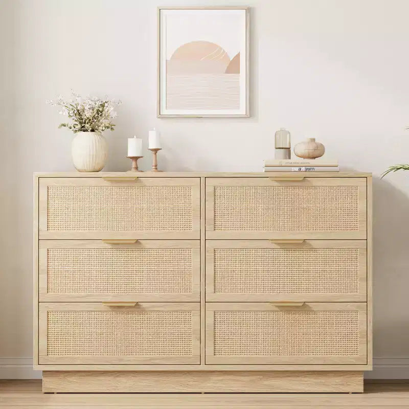 Rattan 6 Drawer Dresser, 47in Wide Natural Oak 6 Chest of Drawers with Metal Handles and Wooden Sturdy Base for Bedroom Living Room Nursery
