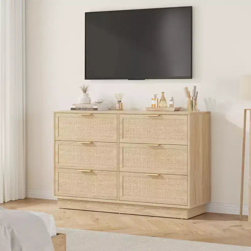 Rattan 6 Drawer Dresser, 47in Wide Natural Oak 6 Chest of Drawers with Metal Handles and Wooden Sturdy Base for Bedroom Living Room Nursery