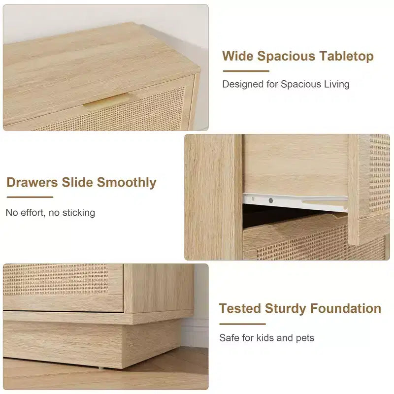 Rattan 6 Drawer Dresser, 47in Wide Natural Oak 6 Chest of Drawers with Metal Handles and Wooden Sturdy Base for Bedroom Living Room Nursery