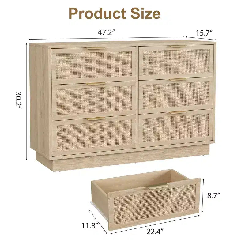 Rattan 6 Drawer Dresser, 47in Wide Natural Oak 6 Chest of Drawers with Metal Handles and Wooden Sturdy Base for Bedroom Living Room Nursery
