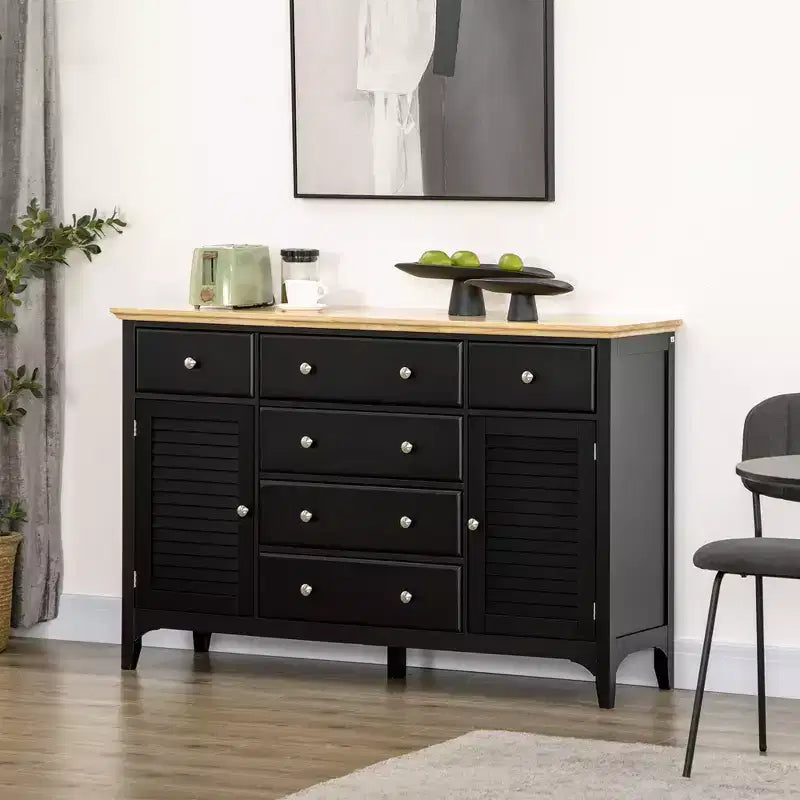 Sideboard Buffet Cabinet with Storage Drawers, Rubber Wood Top and Adjustable Shelves