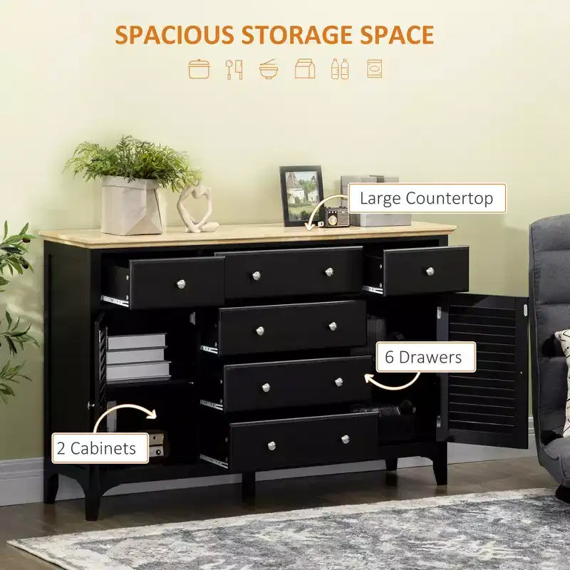 Sideboard Buffet Cabinet with Storage Drawers, Rubber Wood Top and Adjustable Shelves