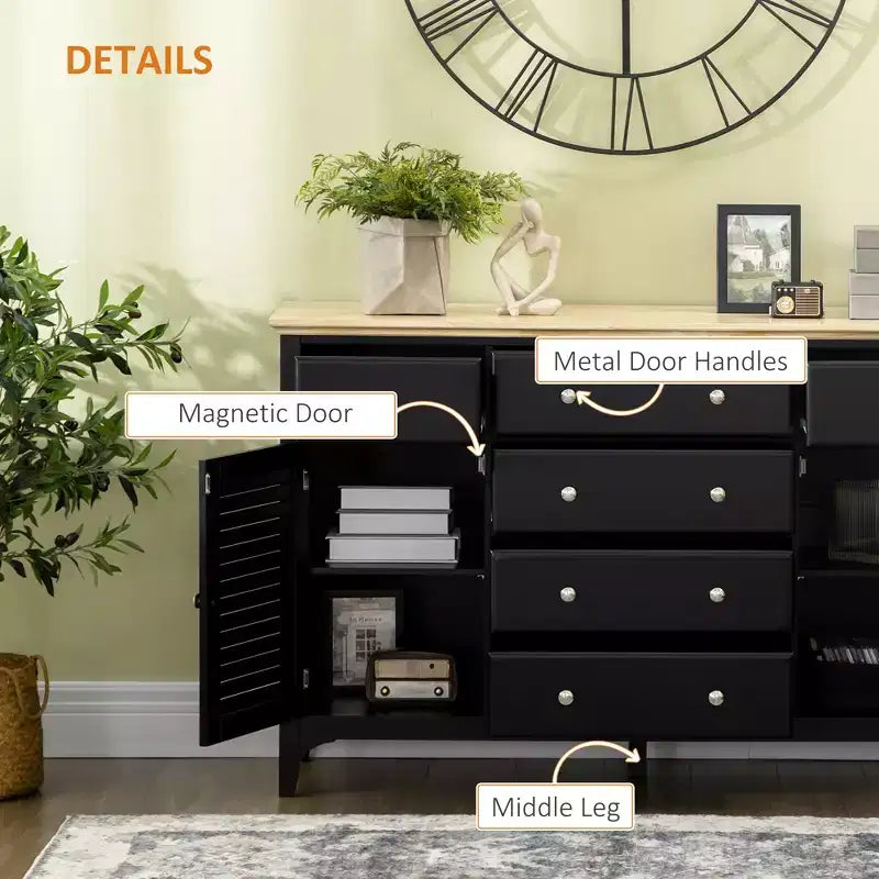 Sideboard Buffet Cabinet with Storage Drawers, Rubber Wood Top and Adjustable Shelves