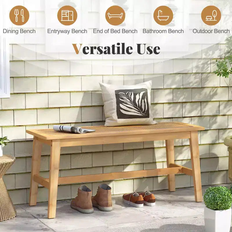 39.5" Bamboo Dining Bench with Handwoven Rattan Seat, Wooden Entryway Bench