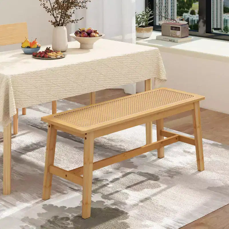 39.5" Bamboo Dining Bench with Handwoven Rattan Seat, Wooden Entryway Bench