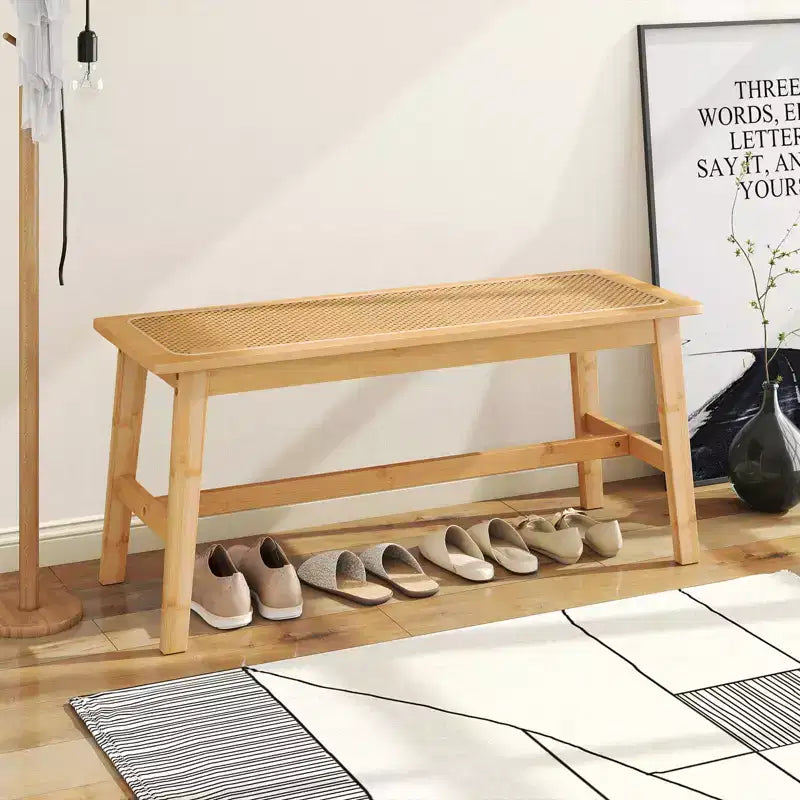 39.5" Bamboo Dining Bench with Handwoven Rattan Seat, Wooden Entryway Bench