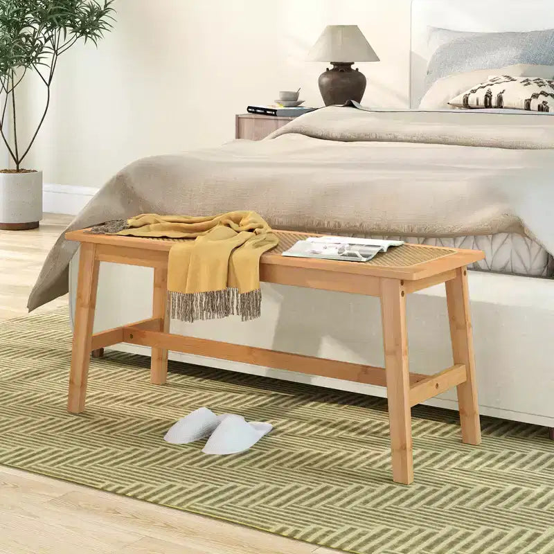 39.5" Bamboo Dining Bench with Handwoven Rattan Seat, Wooden Entryway Bench