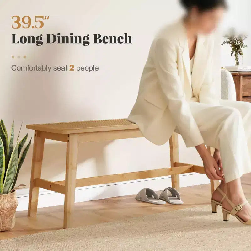 39.5" Bamboo Dining Bench with Handwoven Rattan Seat, Wooden Entryway Bench