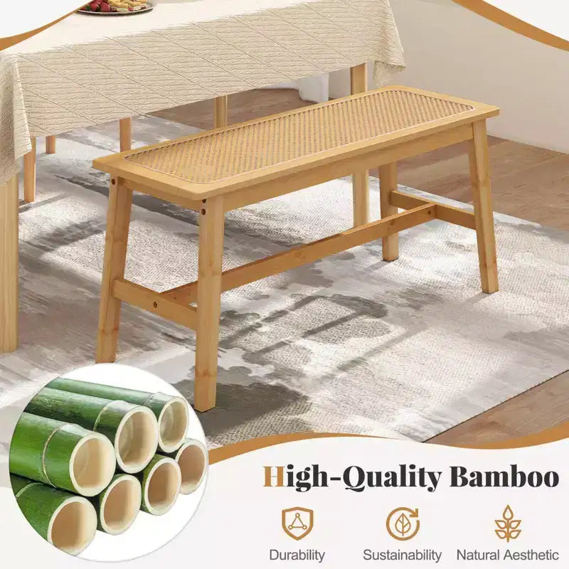39.5" Bamboo Dining Bench with Handwoven Rattan Seat, Wooden Entryway Bench