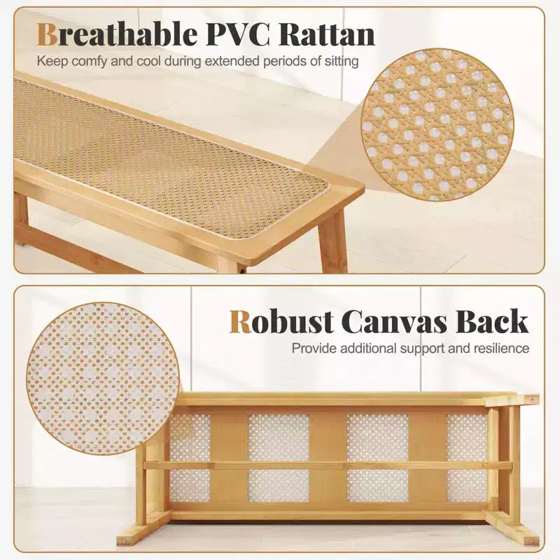 39.5" Bamboo Dining Bench with Handwoven Rattan Seat, Wooden Entryway Bench
