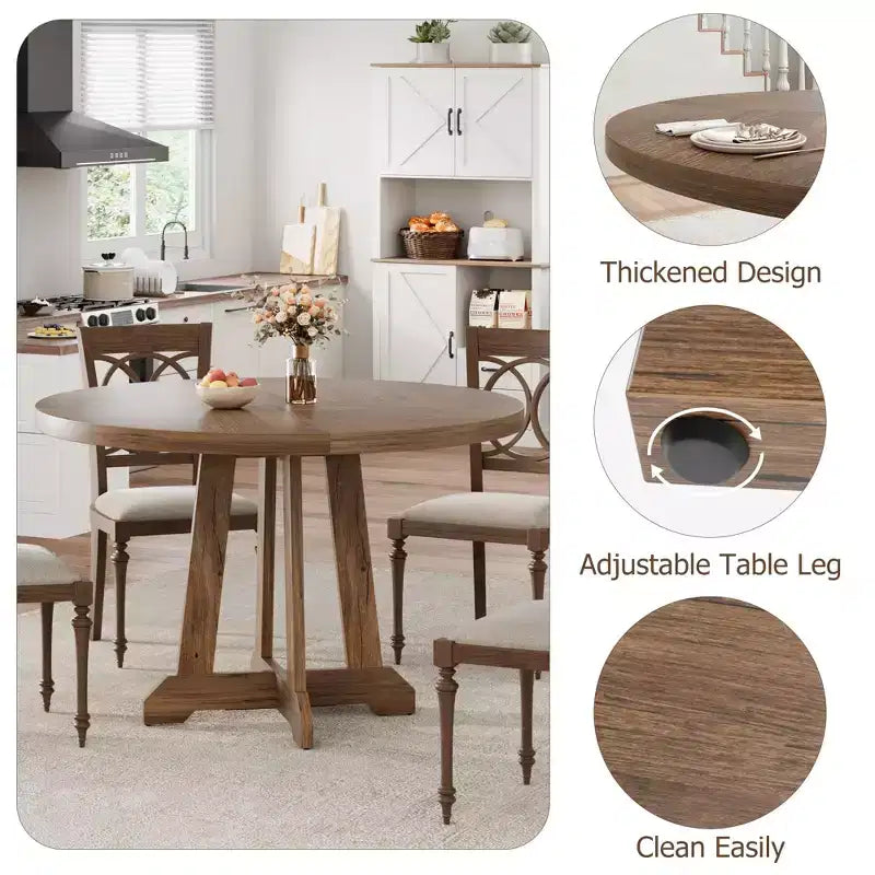 47" Round Dining Table for 4, Wood Pedestal Kitchen Table with Sturdy Base, Farmhouse Dinner Table for Dining Room