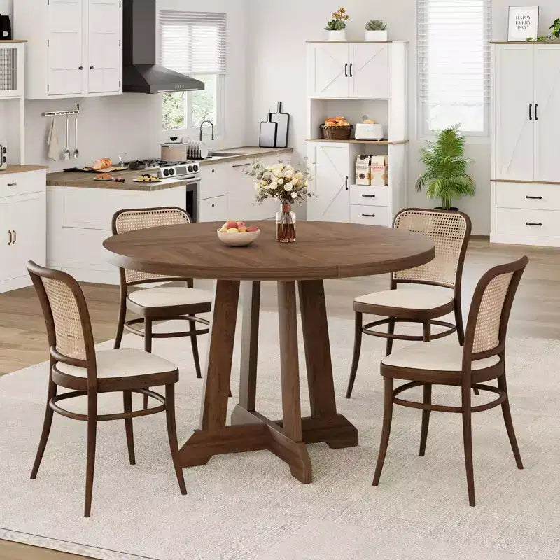 47" Round Dining Table for 4, Wood Pedestal Kitchen Table with Sturdy Base, Farmhouse Dinner Table for Dining Room