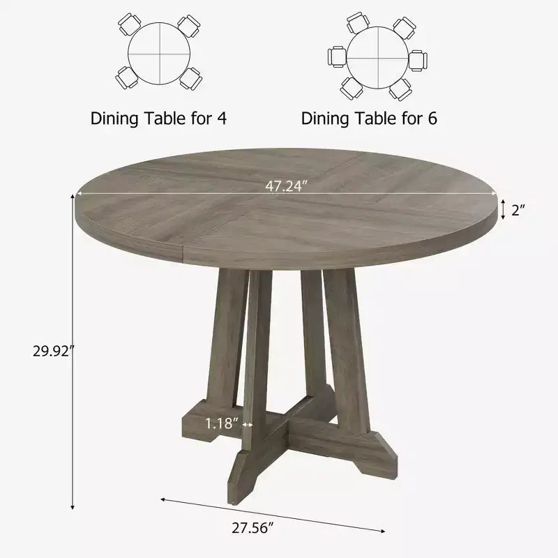 47" Round Dining Table for 4, Wood Pedestal Kitchen Table with Sturdy Base, Farmhouse Dinner Table for Dining Room