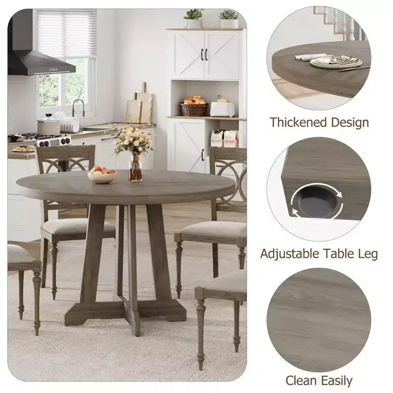 47" Round Dining Table for 4, Wood Pedestal Kitchen Table with Sturdy Base, Farmhouse Dinner Table for Dining Room