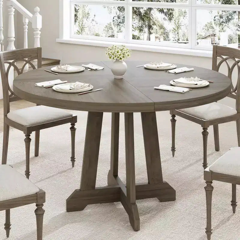 47" Round Dining Table for 4, Wood Pedestal Kitchen Table with Sturdy Base, Farmhouse Dinner Table for Dining Room