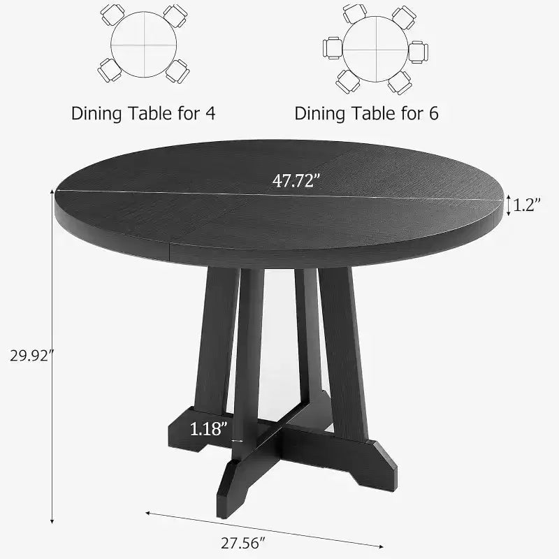 47" Round Dining Table for 4, Wood Pedestal Kitchen Table with Sturdy Base, Farmhouse Dinner Table for Dining Room