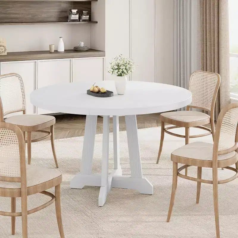 47" Round Dining Table for 4, Wood Pedestal Kitchen Table with Sturdy Base, Farmhouse Dinner Table for Dining Room
