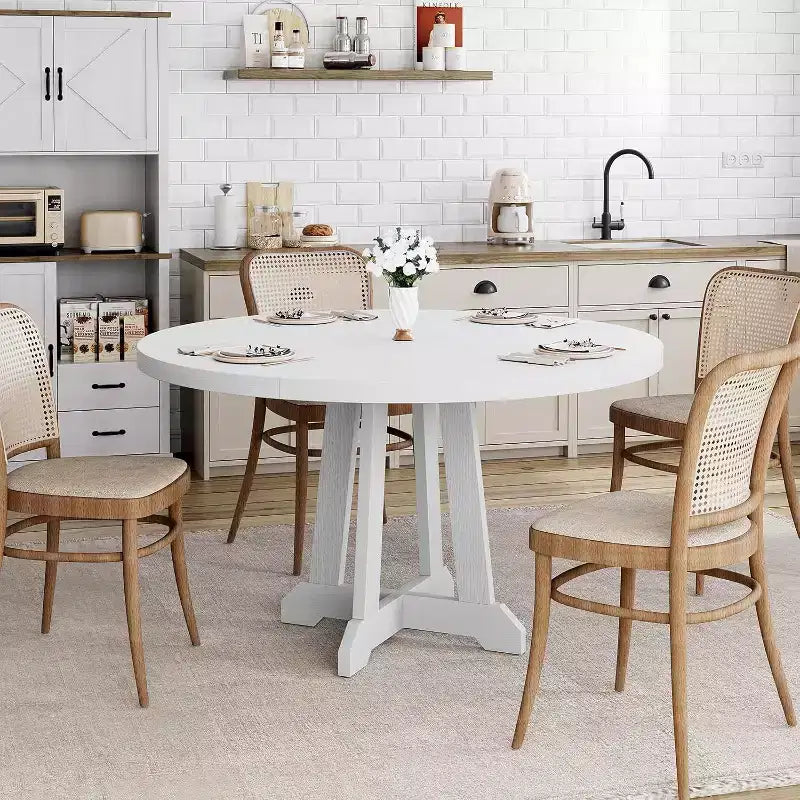 47" Round Dining Table for 4, Wood Pedestal Kitchen Table with Sturdy Base, Farmhouse Dinner Table for Dining Room