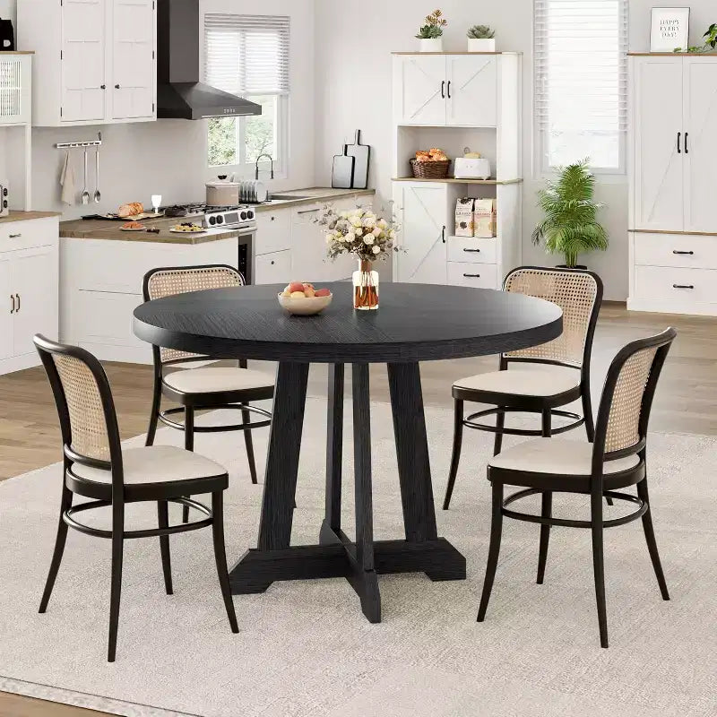 47" Round Dining Table for 4, Wood Pedestal Kitchen Table with Sturdy Base, Farmhouse Dinner Table for Dining Room