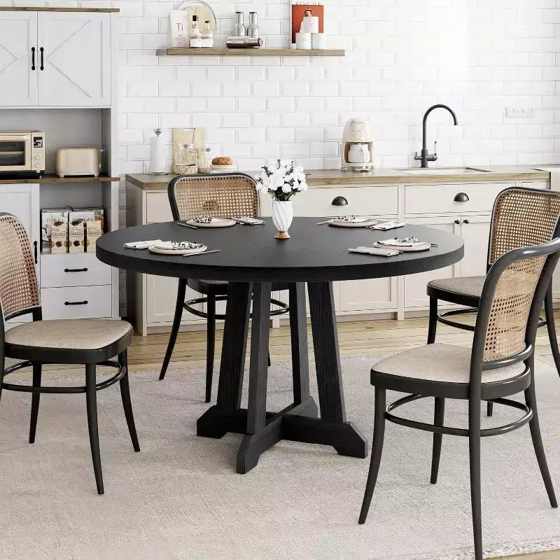 47" Round Dining Table for 4, Wood Pedestal Kitchen Table with Sturdy Base, Farmhouse Dinner Table for Dining Room