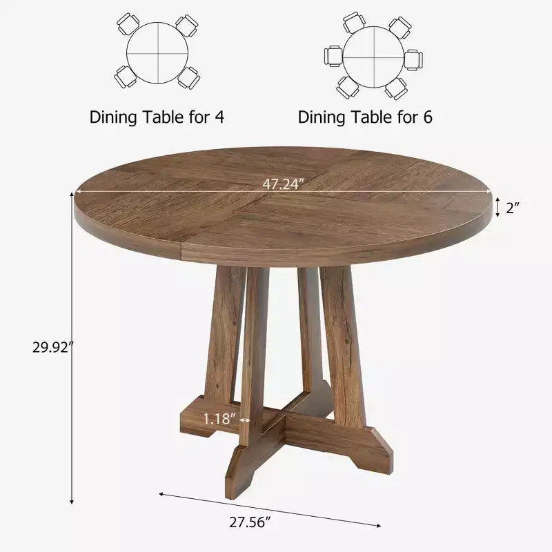 47" Round Dining Table for 4, Wood Pedestal Kitchen Table with Sturdy Base, Farmhouse Dinner Table for Dining Room