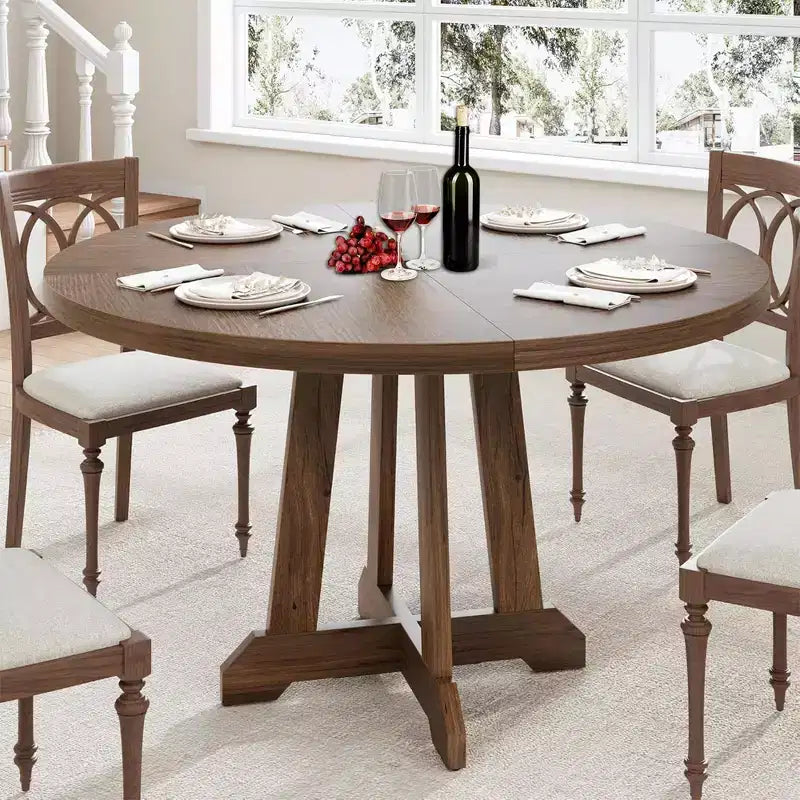 47" Round Dining Table for 4, Wood Pedestal Kitchen Table with Sturdy Base, Farmhouse Dinner Table for Dining Room