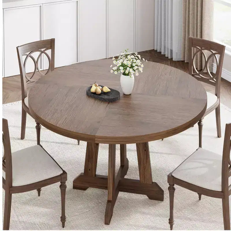 47" Round Dining Table for 4, Wood Pedestal Kitchen Table with Sturdy Base, Farmhouse Dinner Table for Dining Room