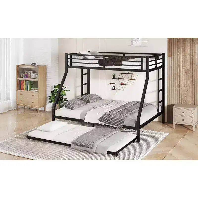 Twin XL Over Queen Metal Bunk Bed with Trundle, Heavy Duty Bed Frame, Ladders & Guardrails, Noise-Free, Black