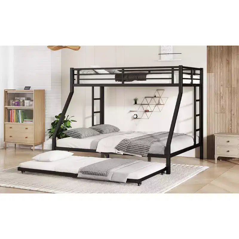 Twin XL Over Queen Metal Bunk Bed with Trundle, Heavy Duty Bed Frame, Ladders & Guardrails, Noise-Free, Black