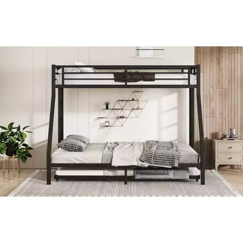 Twin XL Over Queen Metal Bunk Bed with Trundle, Heavy Duty Bed Frame, Ladders & Guardrails, Noise-Free, Black