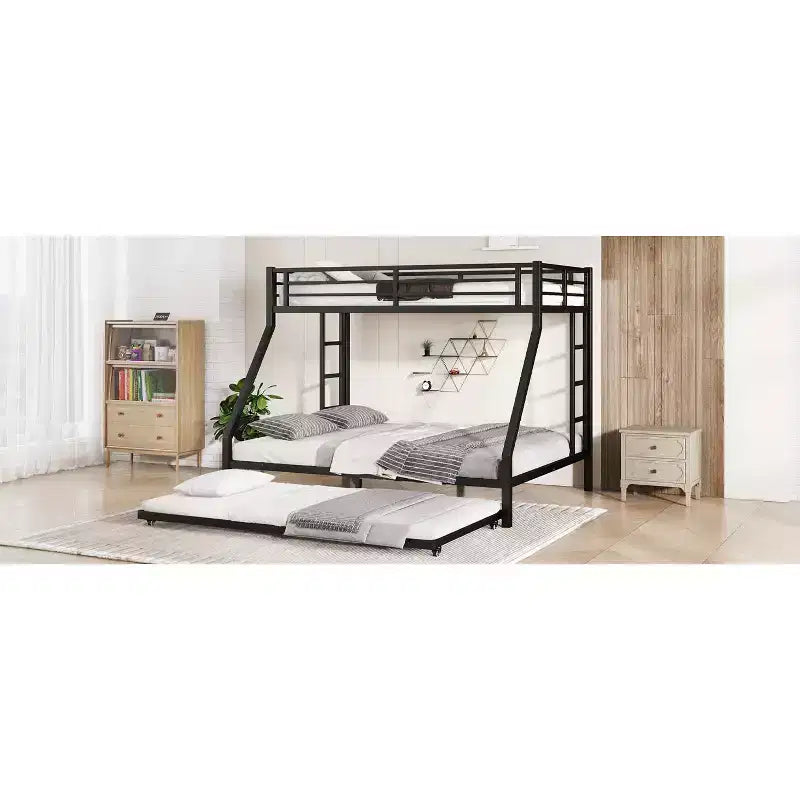 Twin XL Over Queen Metal Bunk Bed with Trundle, Heavy Duty Bed Frame, Ladders & Guardrails, Noise-Free, Black