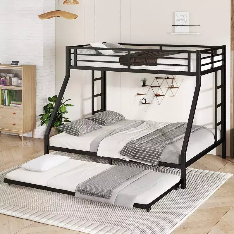 Twin XL Over Queen Metal Bunk Bed with Trundle, Heavy Duty Bed Frame, Ladders & Guardrails, Noise-Free, Black