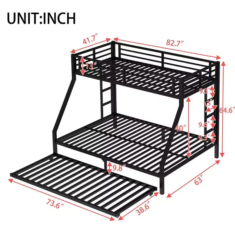 Twin XL Over Queen Metal Bunk Bed with Trundle, Heavy Duty Bed Frame, Ladders & Guardrails, Noise-Free, Black