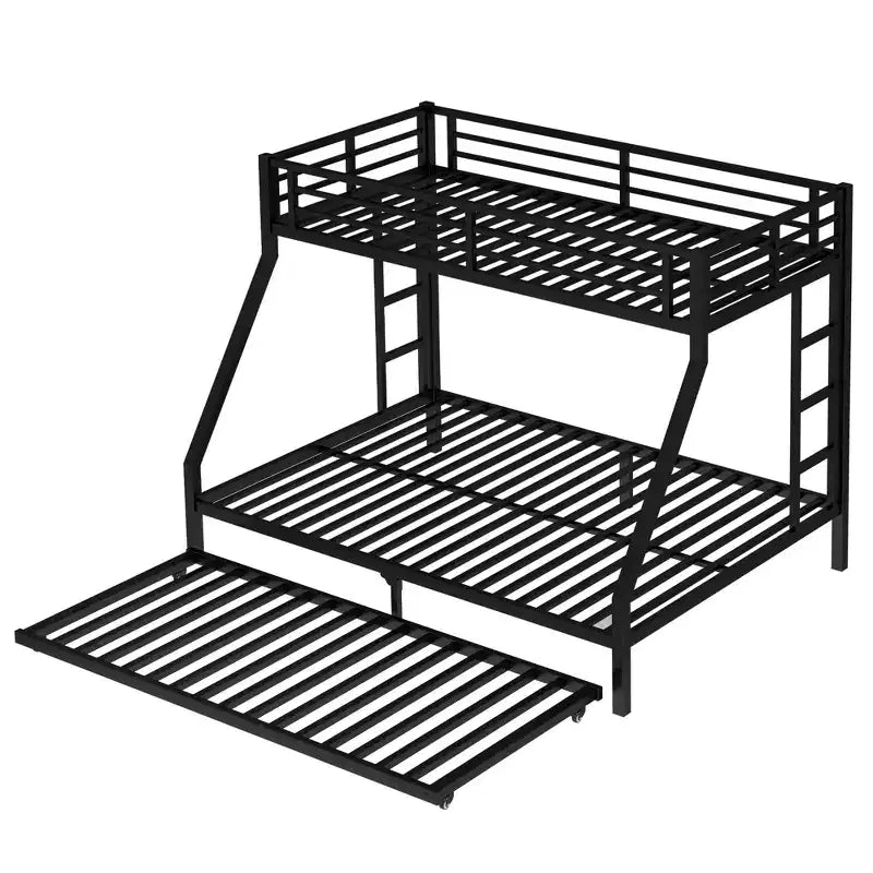 Twin XL Over Queen Metal Bunk Bed with Trundle, Heavy Duty Bed Frame, Ladders & Guardrails, Noise-Free, Black