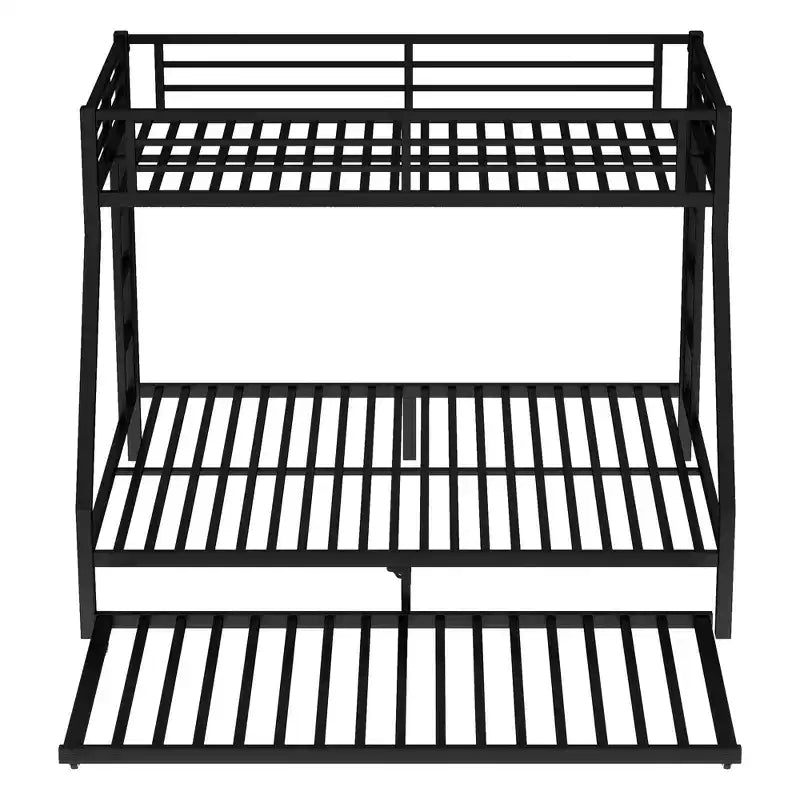 Twin XL Over Queen Metal Bunk Bed with Trundle, Heavy Duty Bed Frame, Ladders & Guardrails, Noise-Free, Black