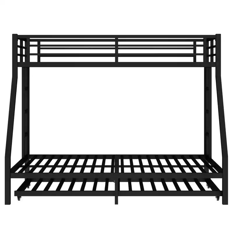 Twin XL Over Queen Metal Bunk Bed with Trundle, Heavy Duty Bed Frame, Ladders & Guardrails, Noise-Free, Black